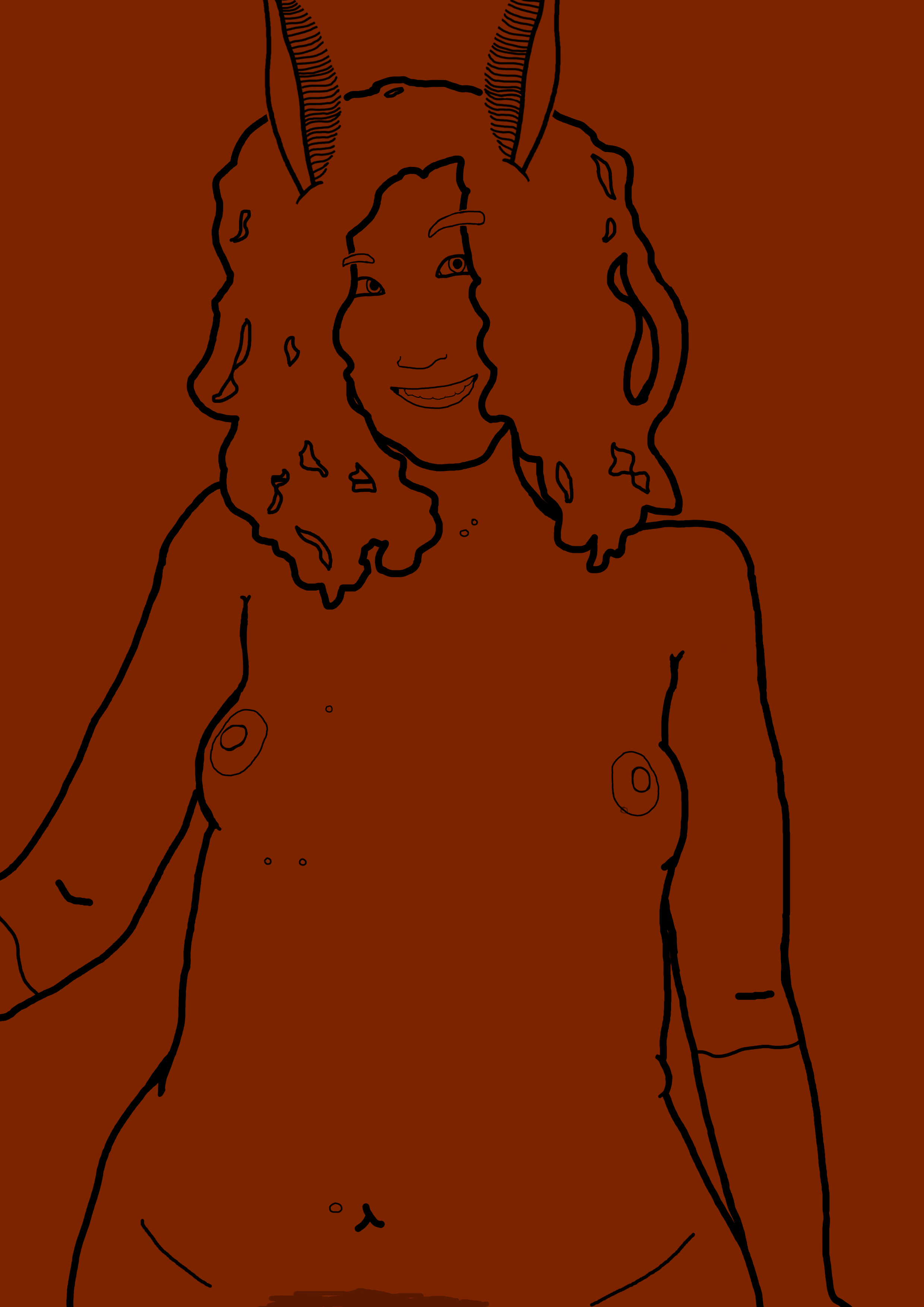 Lineart of myself from midway up the body, on a burgundy background. The figure is undressed, and is looking at the viewer with an excited expression. The figure has curly hair, antennae, and fur that fruns halfway up her arms.