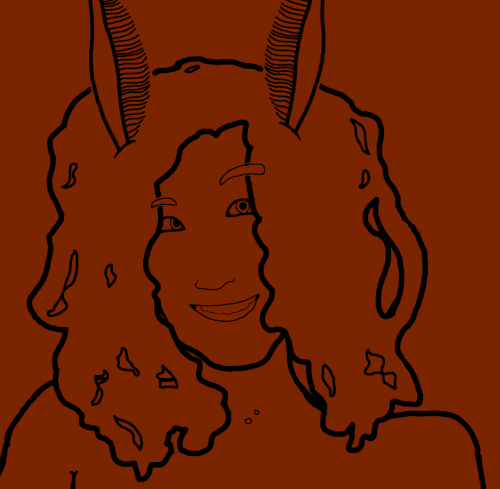 Digital lineart of my face and shoulders, on a
		  burgundy background. The figure has curly hair and
		  antennae, and an excited expression on her face.